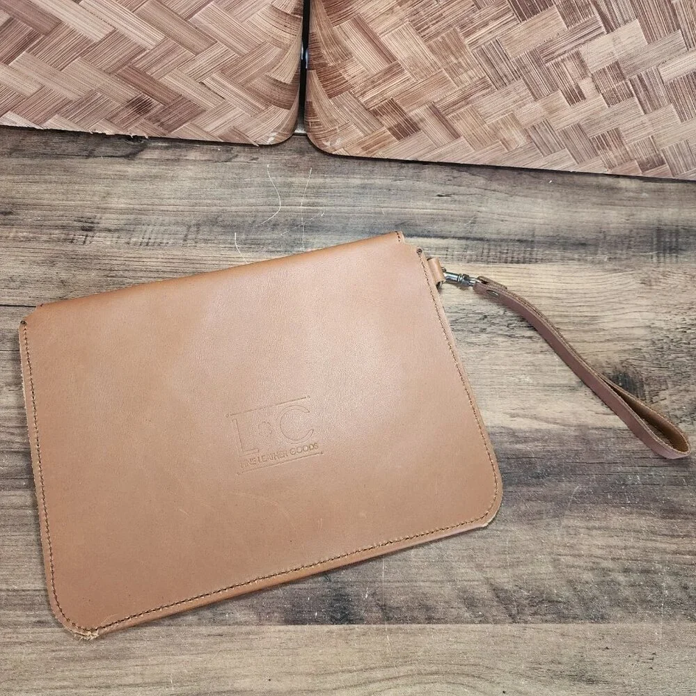 LC Fine Leather Goods Brown Leather Handbag Cutouts Unique Wristlet Clutch EUC‎
